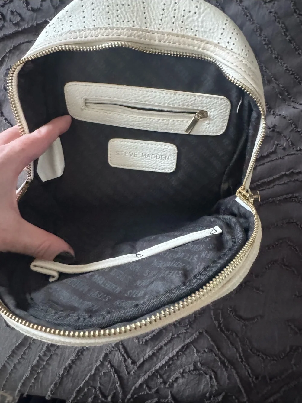 Steve Madden Cream Perforated Mini Backpack with Gold Hardware
